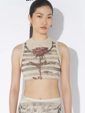 Jean Paul Gaultier Ecru/Cream Striped Rose Crop Top